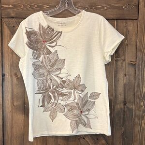 Coldwater Creek Medium Floral Tee Cream Brown Short Sleeve Casual Top